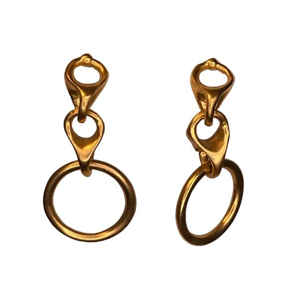 Vintage 90s Triple Hoop Dangle Earrings Gold Tone Metal Pierced - Picture 1 of 3
